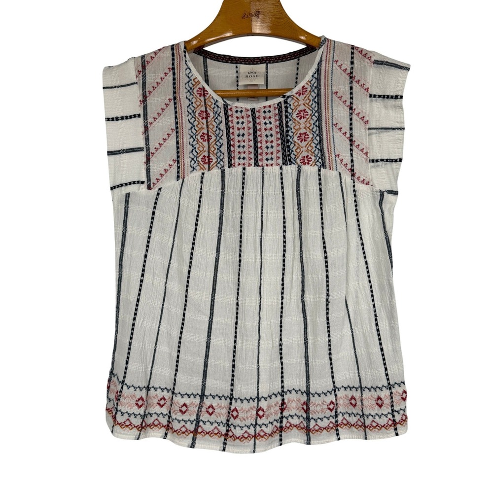 Knox Rose Boho Embroidered Striped Sleeveless Top Size M White Navy Cotton